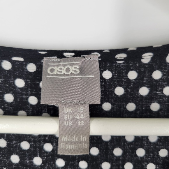 ASOS Black White Polka Dot Midi Dress Smocked Waist V Neck Button Front Sz 12 - Picture 6 of 6